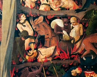 Hel met demonen die gierigen straffen, detail van Laatste Oordeel door Giovanni da Fiesole bekend als Fra Angelico (1400-circa 1455), tempera op hout