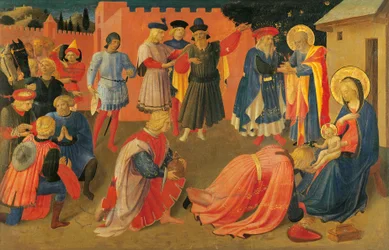 De Aanbidding der Wijzen, detail van het centrale paneel van de predella, Tabernakel van de Linnenwevers