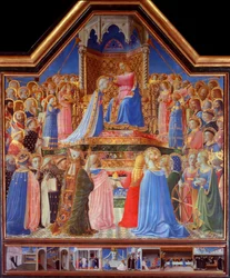 De kroning van de Maagd (predella van scènes uit het leven van Sint Dominicus)