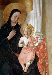 De Madonna van de schaduwen. Detail: de aureool van Jezus Christus is gemarkeerd met een kruis, fresco, ca. 1438-1446.