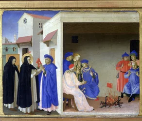 Het wonder van Sint Dominica: de heilige geeft de Albigezen het boek dat hun ketterij weerlegt en de Albigezen proberen het te verbranden, zonder succes - Predelle van de 