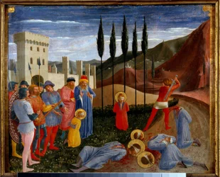 Het martelaarschap van de heiligen Cosmas en Damianus, tweelingbroers geboren in de 3e eeuw, artsen, werden gemarteld en vervolgens onthoofd. Tempera op hout door Guido di Pietro (of Fra Giovanni da Fiesole) genaamd Fra Angelico