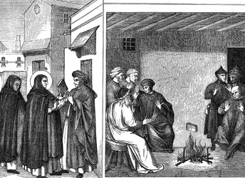 Albigenzische ketterij. De heilige Dominicus geeft een Albigenzische gezant een boek dat het 