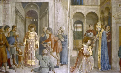Sint Sixtus vertrouwt de kerkschatten toe aan Laurentius en sint Laurentius geeft aalmoezen