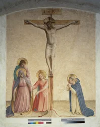 Kruisiging met de Maagd Maria en Sint Dominicus. Inscriptie "INRI" op het kruis