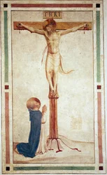 De kruisiging met Sint Dominicus. Inscriptie "INRI" op het kruis. Fresco van Guido di Pietro