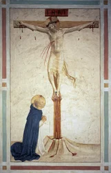 De kruisiging met Sint Dominicus. Inscriptie "INRI" op het kruis. Fresco van Guido di Pietro