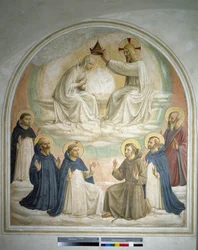De kroning van de Maagd. Van links naar rechts: de heilige Thomas, de heilige Benedictus van Nursia, de heilige Dominicus, de heilige Franciscus, de heilige Petrus Martyr en de heilige Marcus