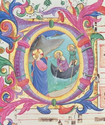 Missaal 558 f.9r Geïllustreerde initiaal O die het wonderbaarlijke vissen vangen toont (detail)