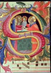 Ms 558 f.26v De Presentatie in de Tempel, afgebeeld in een versierde initiaal S, detail uit een Missaal, vroege 1430s