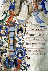 Ms 558 f.67v St. Dominic omringd door muzikale engelen boven een gehistorieerde initiaal I die (met de klok mee) SS. Augustinus, Ambrosius, Petrus Martyr, Gregorius en Hiëronymus afbeeldt, uit een Graduale, vroege 1430s