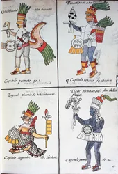 Gods van de oude Mexicanen, Huitzilopochtli, Tezcatlipoca, Tlaloc en Paynal, tekst in het Spaans, uit facsimile van manuscript Algemene Geschiedenis van de Dingen van Nieuw-Spanje