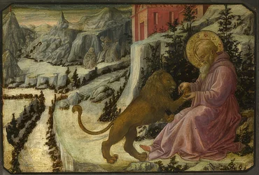 De heilige Hiëronymus en de leeuw (Predella van het altaarstuk van de Santa Trinità van Pistoia)