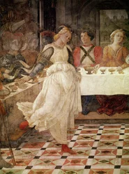Salome danst op het feest van Herodes, detail van de frescocyclus van de levens van de heiligen Stefanus en Johannes de Doper uit de hoofdkapel, 1452-64