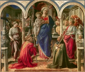 De Maagd en Kind omringd door engelen, Sint Frediano en Sint Augustinus, bekend als Pala Barbadori, Altaarstuk door Filippo Lippi (1406-1469) 1437-1438. Gesponsord door de Barbadori-familie