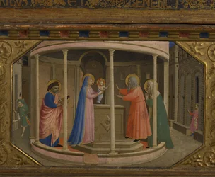 De Presentatie in de Tempel De Aankondiging retabel met 5 Predella scènes, 1430-1432