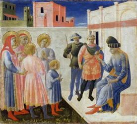De heiligen Cosmas en Damianus met hun broers voor de proconsul Lysias..., ca. 1440
