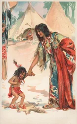 Een inheemse Amerikaanse vrouw die handen vasthoudt met haar kind