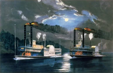 Een middernachtrace op de Mississippi, naar een tekening van H.D. Manning, gepubliceerd door Currier and Ives, New York, 1860