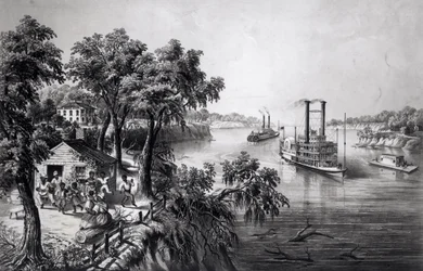 Laag Water in de Mississippi, uitgegeven door Currier en Ives, 1867