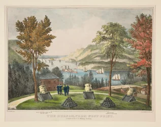De Hudson, vanaf West Point. Gronden van de U.S. Military Academy