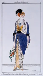 Parijse kostuums: asblauwe satijnen avondjas met Ierse afwerking. Getekend door Francisco Javier Gose (1876-1915)