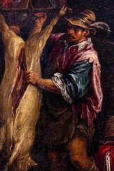 Boer die een varken vilt, detail