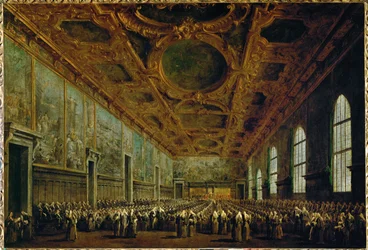 Na zijn verkiezing bedankt de Doge de Grote Raad in de Grote Raadszaal van het Dogenpaleis in Venetië, Italië ...