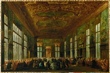 Ceremoniële maaltijd in het Dogenpaleis in de Grote Raadszaal, Doge zittend op de achtergrond ...