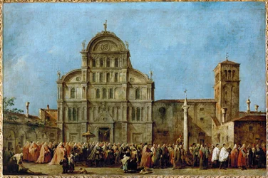 De processie van de Doge van Venetië naar de kerk van San Zaccaria op Pasen ...