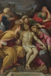 Rouw om Christus met St. Johannes, Maria Magdalena, Maria-Salomé, Jozef van Arimathea en de Maagd