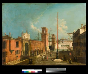 Uitzicht op het Campo en de Poorten van het Arsenaal, Venetië Schilderij door Francesco Albotto (1721-1757) 1743-1746 Privécollectie