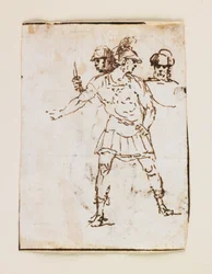 Studie van twee Romeinse soldaten en een bebaarde figuur (recto); Studie van een bebaarde man die met een stok loopt (verso)