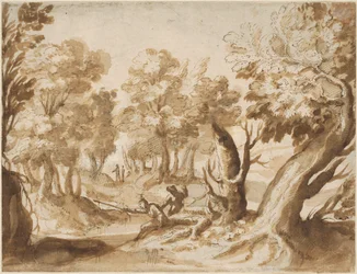 Twee figuren vissen in een landschap