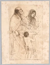 Een bisschop heilige wijst naar een modelstad, met andere figuren, naar een tekening van Guercino