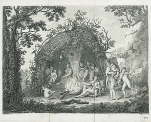 Een uitzicht op de Indianen van Terra del Fuego in hun hut