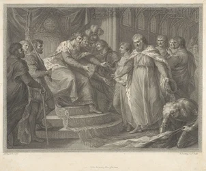 Eduard, prins van Wales, stelt de gevangengenomen koning Jan van Frankrijk en zijn zonen voor aan zijn vader Eduard III na de Slag bij Poitiers