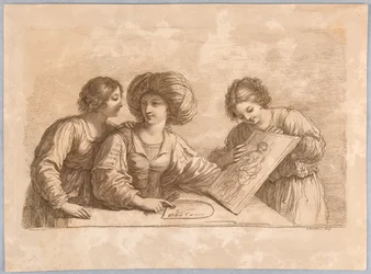 Drie Vrouwen met een Palet en Schets van een Ontwerp