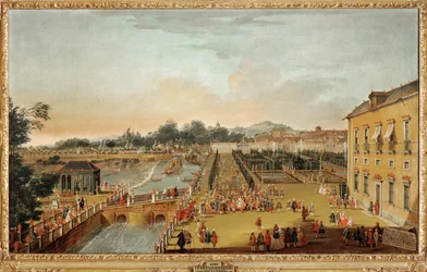 Koning Ferdinand VI van Spanje en koningin Barbara Braganza en hun gasten in de tuinen van het paleis van Aranjuez (schilderij op doek)