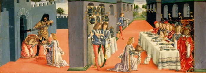 Scènes uit het martelaarschap van St. Johannes de Doper, predellapaneel van het tabernakel van de sacramenten, c.1484-6 (detail)