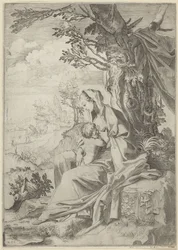 Maria zoogt het Christuskind in een landschap