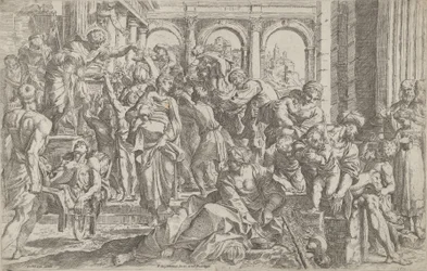 Sint Rochus links aalmoezen uitdelend aan een groep mensen om hem heen