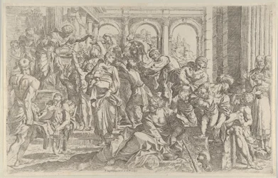 Sint Rochus links aalmoezen uitdelend aan een groep mensen om hem heen, ca. 1590-1600