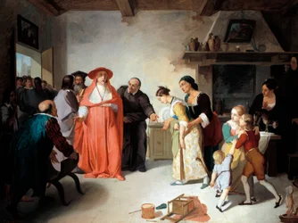 Kardinaal Borromeo bezoekt Lucy in het huis van de kleermaker, scène uit Betrothed door Alessandro Manzoni, door Francesco Coghetti, olieverf op doek