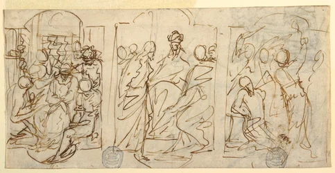 Tekening, Drie stadia van het lijdensverhaal: De bespotting, Christus voor Pilatus, Geseling, ca. 1848