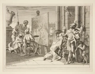 Apelles schildert Campaspe, de minnares van Alexander de Grote, een van een serie van acht prenten (Varii Baccanali et istorie)