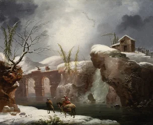 Een winterlandschap met reizigers bij een rivier
