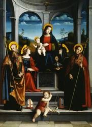 Maagd en Kind met Heiligen Benedictus, Justina, Placidus en Scholastica, ca. 1515