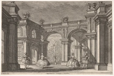 Twee dames en twee heren dansen in een sierlijke architecturale setting, een fontein op de achtergrond, 1765