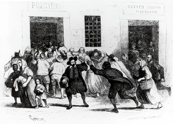De plundering van de Bakkerij van krukken, episode uit Verloofden, door Alessandro Manzoni, illustratie door Francesco Gonin, editie 1840